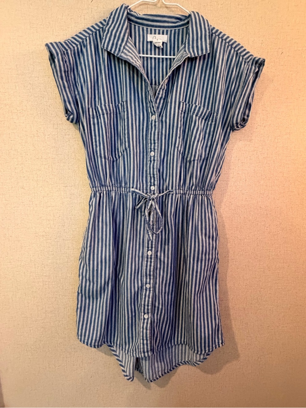 Japna Blue & White Vertical Striped Button Down Shirt Dress